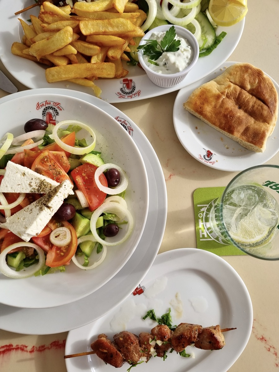 souvlaki and greek salad